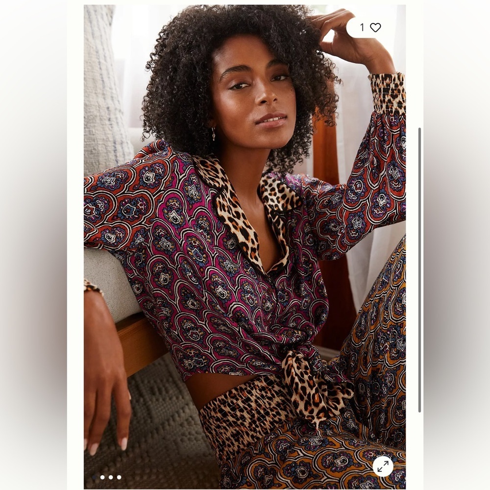 Anthropologie Patterned long sleeves paisley print and leopard collar Top size M - Picture 2 of 15